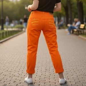 VTG Y2K Apple Bottoms Orange Capri Jeans Women's Size 8 Embroidered Cuffed Denim